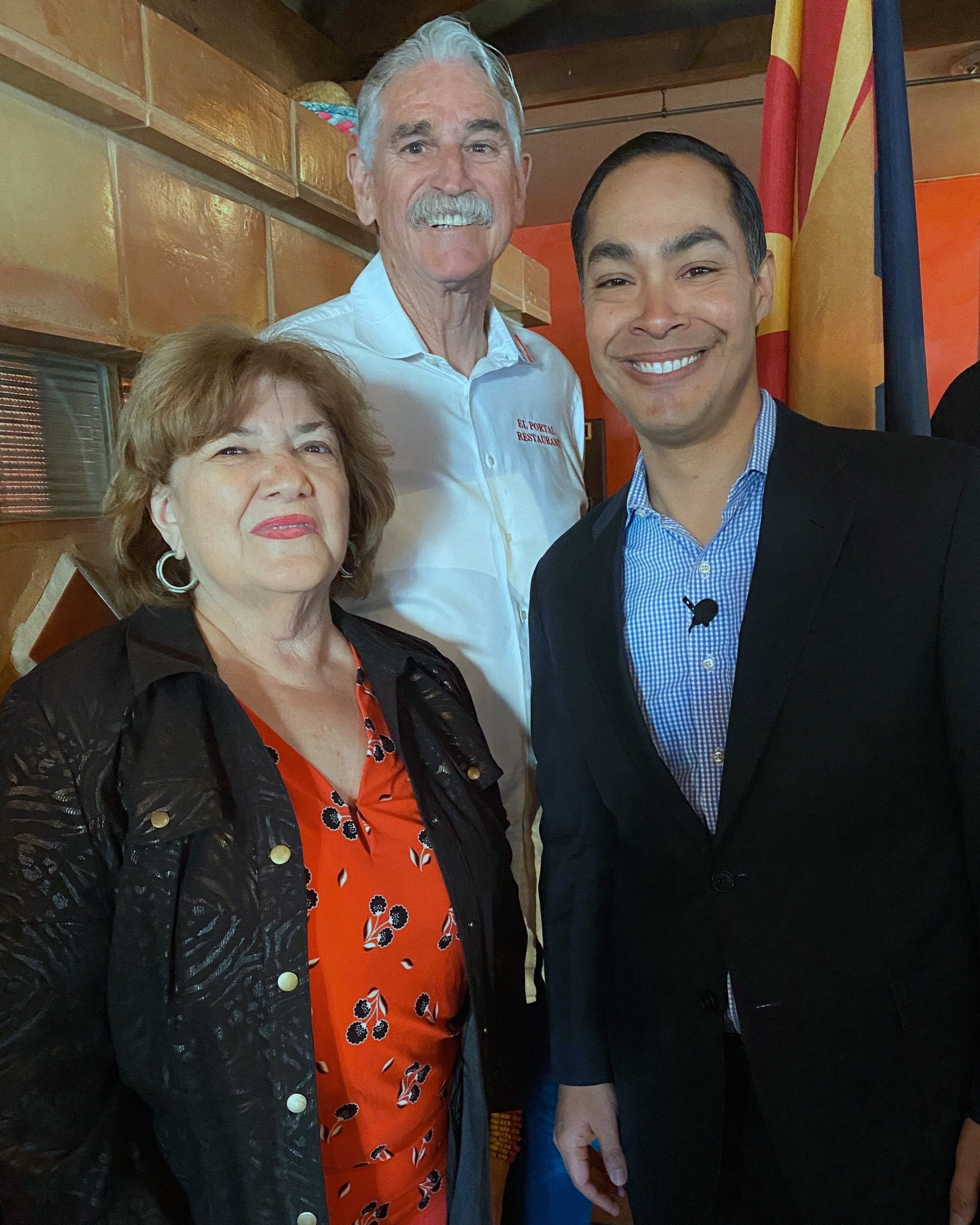 El Portal Mexican Restaurant owners Mary Rose and Earl Wilcox stand with Julian Castro, former Secretary of Housing and Urban Development.